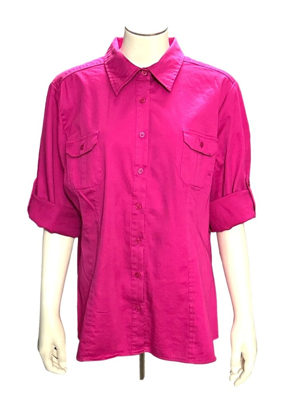 Apt 9 XL Pink Button Up Blouse Roll Tab Utility Career Chic Y2K Barbiecore Style - Picture 2 of 11